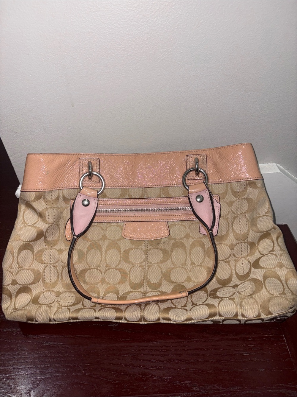 Coach Beige Signature Shoulder Bag with Pink Trim